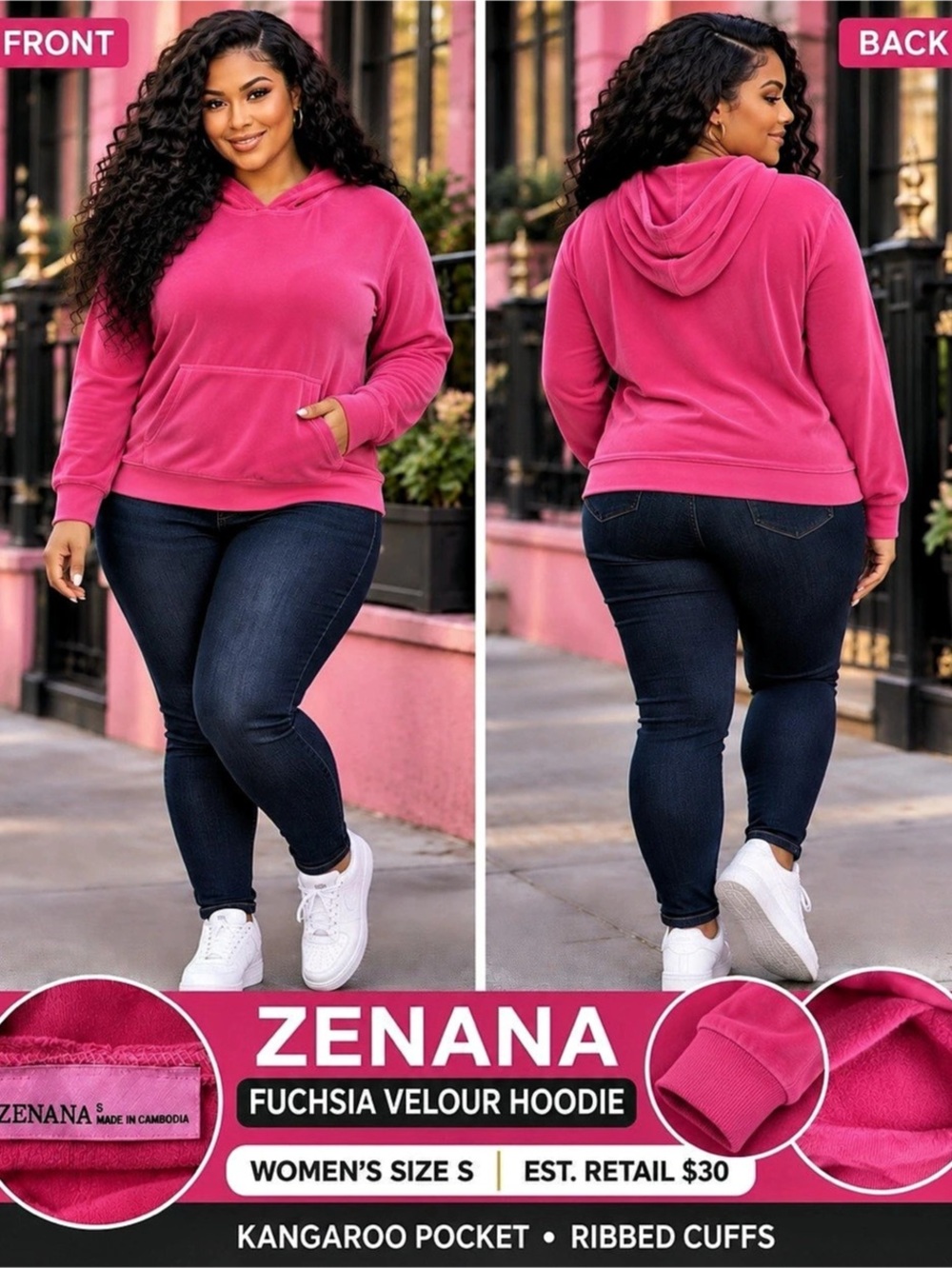 ZENANA Fuchsia Velour Hoodie Pink